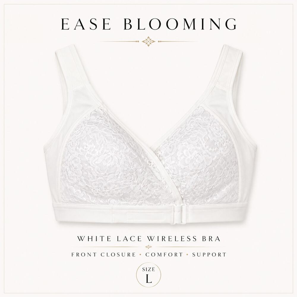 Ease Blooming Size L White Lace Wireless Comfort Bra Front Closure Support